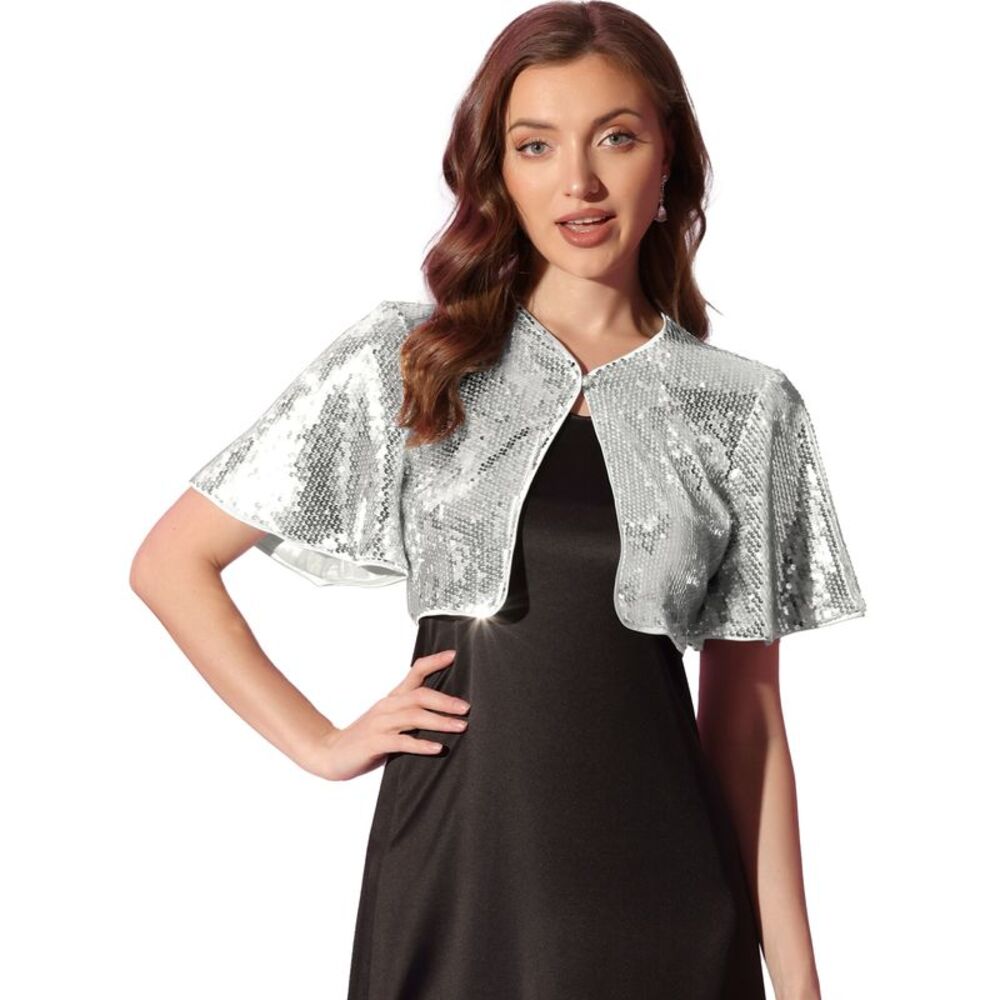 Sequin Jacket Flared Sleeve Sparkly Bolero Crop Glitter Shrug Silver